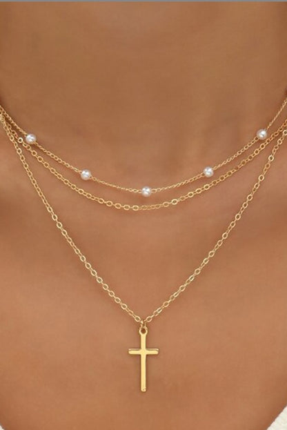 Gold Plated Cross Pendant Pearl Decor Triple Layer Chain Necklace