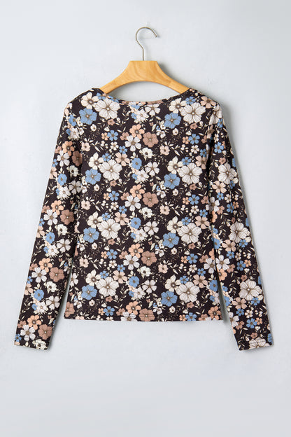 Black Floral Print Slim Long Sleeve T Shirt
