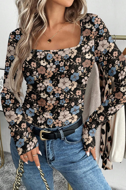 Black Floral Print Slim Long Sleeve T Shirt