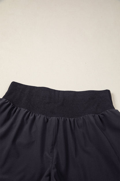 Black Solid Color Ribbed Patchwork High Waist Athletic Shorts
