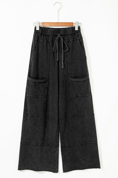 Black Mineral Wash Exposed Seam Drawstring Elastic Waistband Wide Leg Cargo Pants