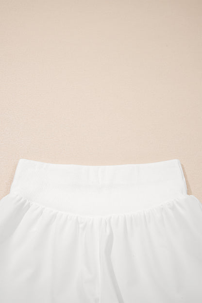 White Solid Color Ribbed Patchwork High Waist Athletic Shorts