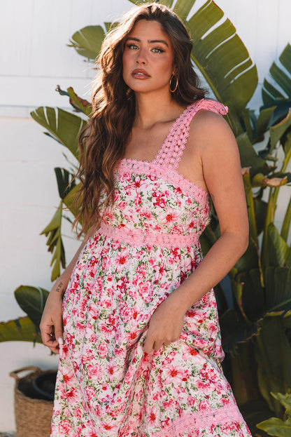 Pink Floral Lace Tied Strap Empire Waist Maxi Dress