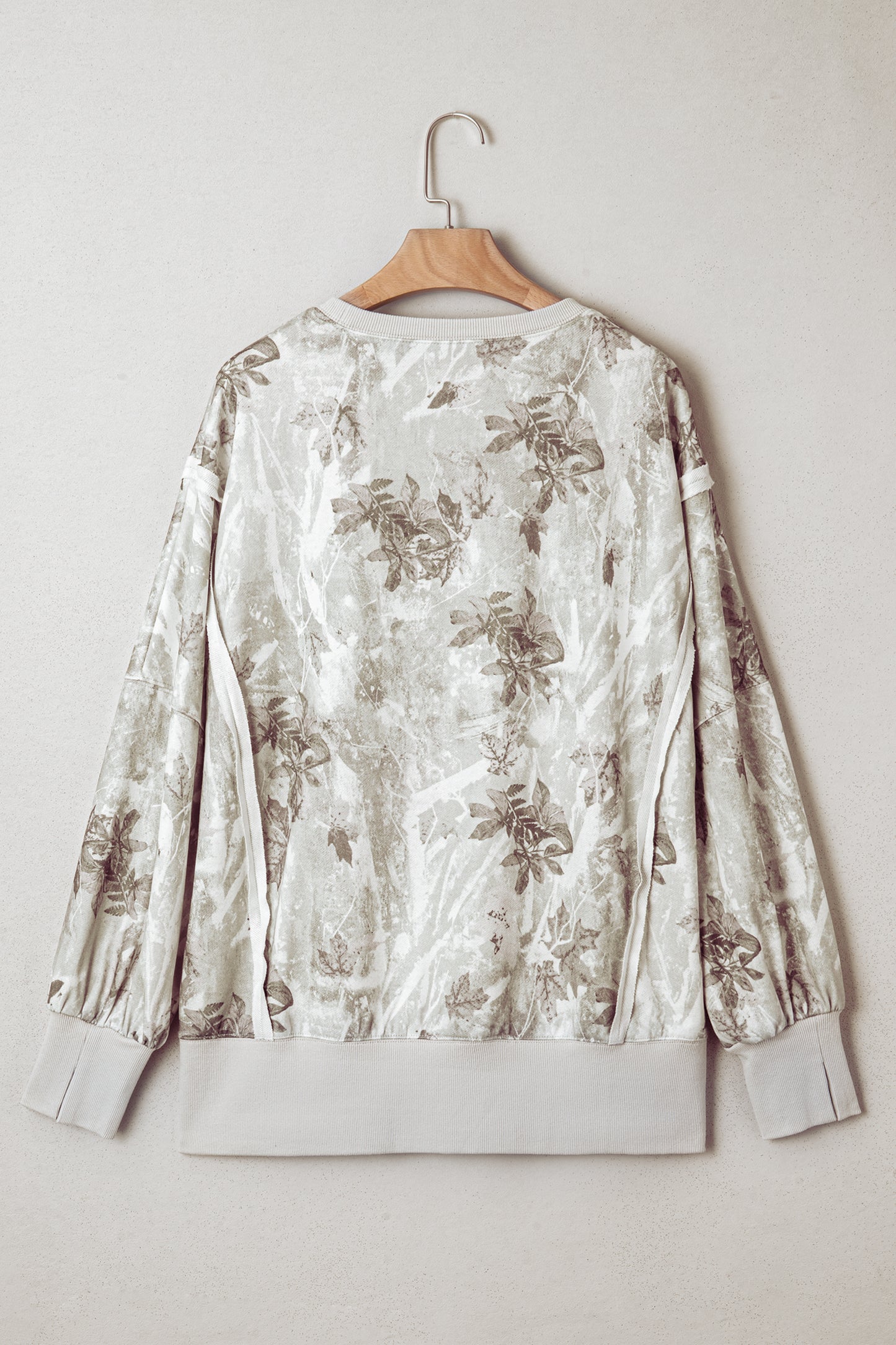 Gray Leafy Camo Print Exposed Seam Patchwork Baggy Slit Sweatshirt