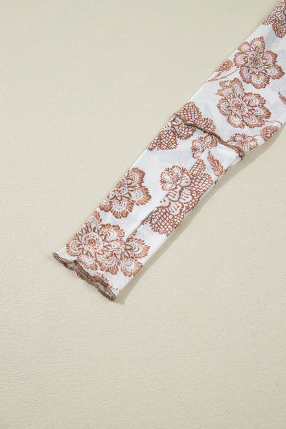 Brown Thumbhole Long Sleeve Floral Print Mesh Top