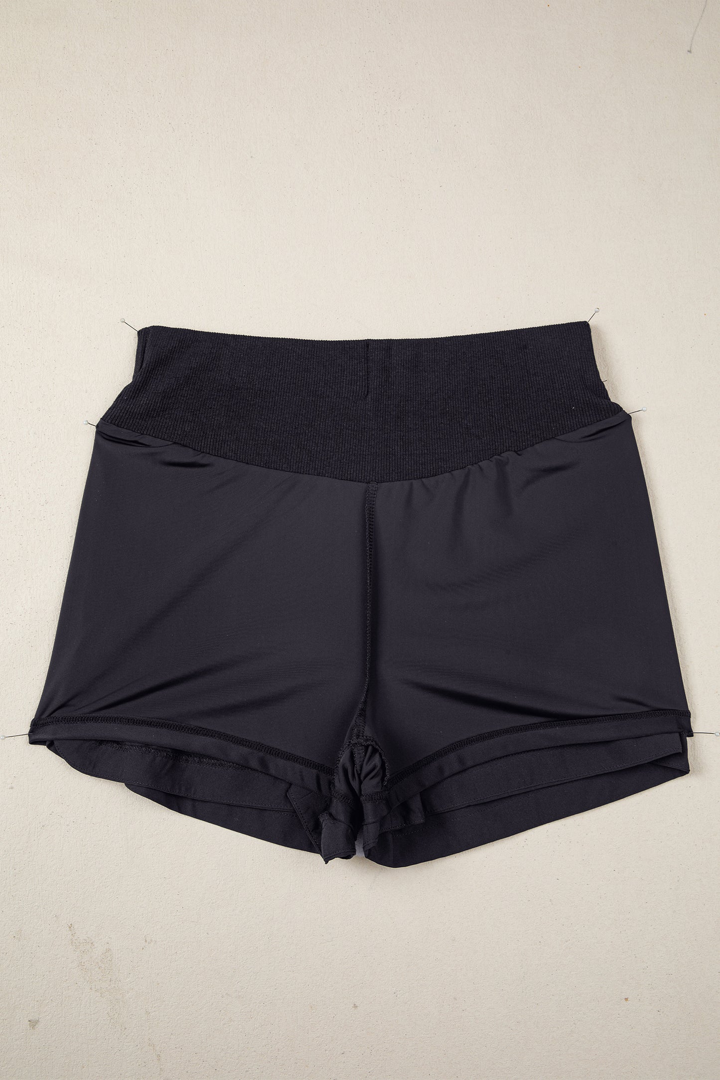 Black Solid Color Ribbed Patchwork High Waist Athletic Shorts