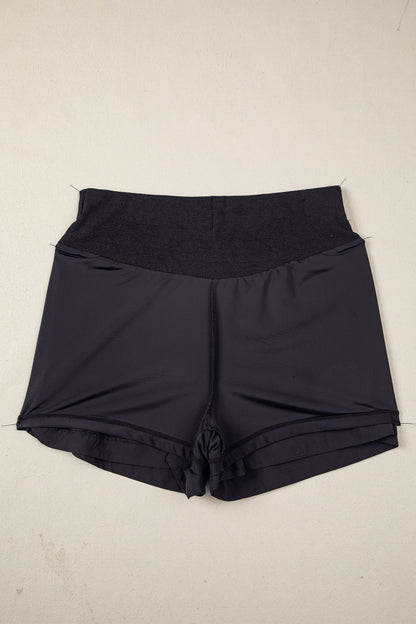 Black Solid Color Ribbed Patchwork High Waist Athletic Shorts