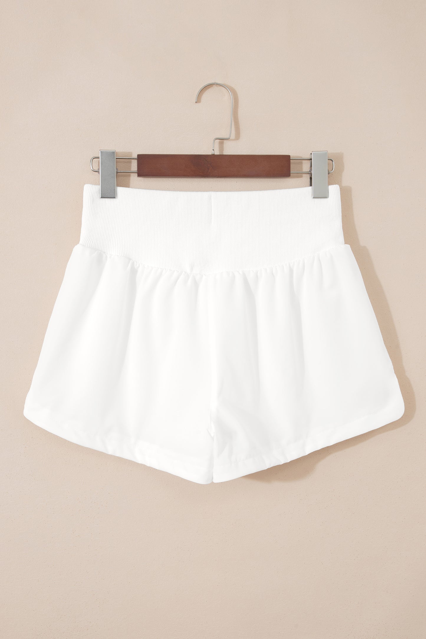 White Solid Color Ribbed Patchwork High Waist Athletic Shorts