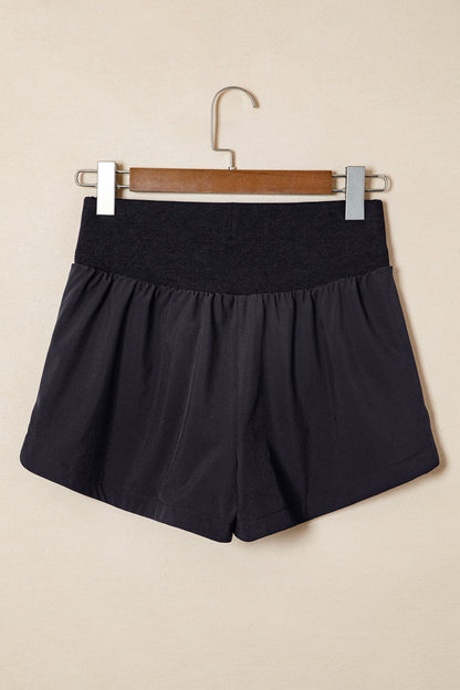 Black Solid Color Ribbed Patchwork High Waist Athletic Shorts