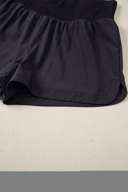 Black Solid Color Ribbed Patchwork High Waist Athletic Shorts